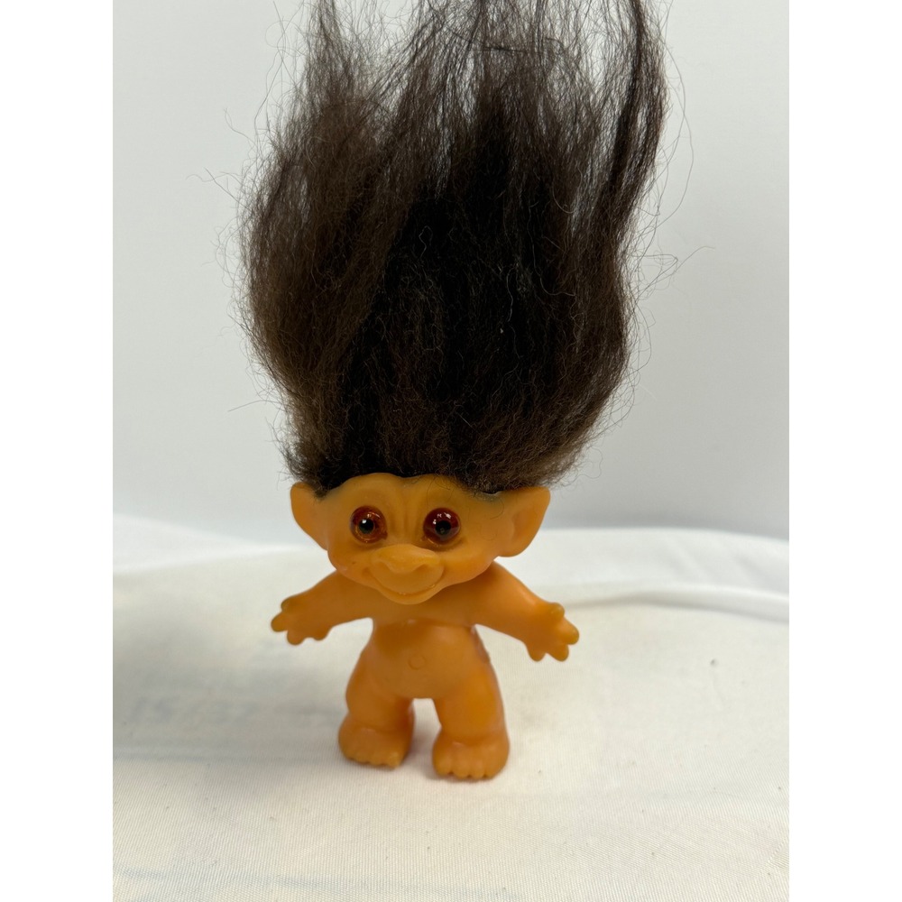 Vintage 1964 Dam Troll Doll Amber Glass Eyes Dark Brown Hair 3 inch Figure